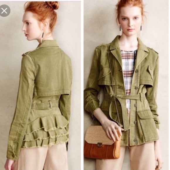 Anthropologie Jackets & Blazers - Anthropologie hei hei Green utility ruffle jacket